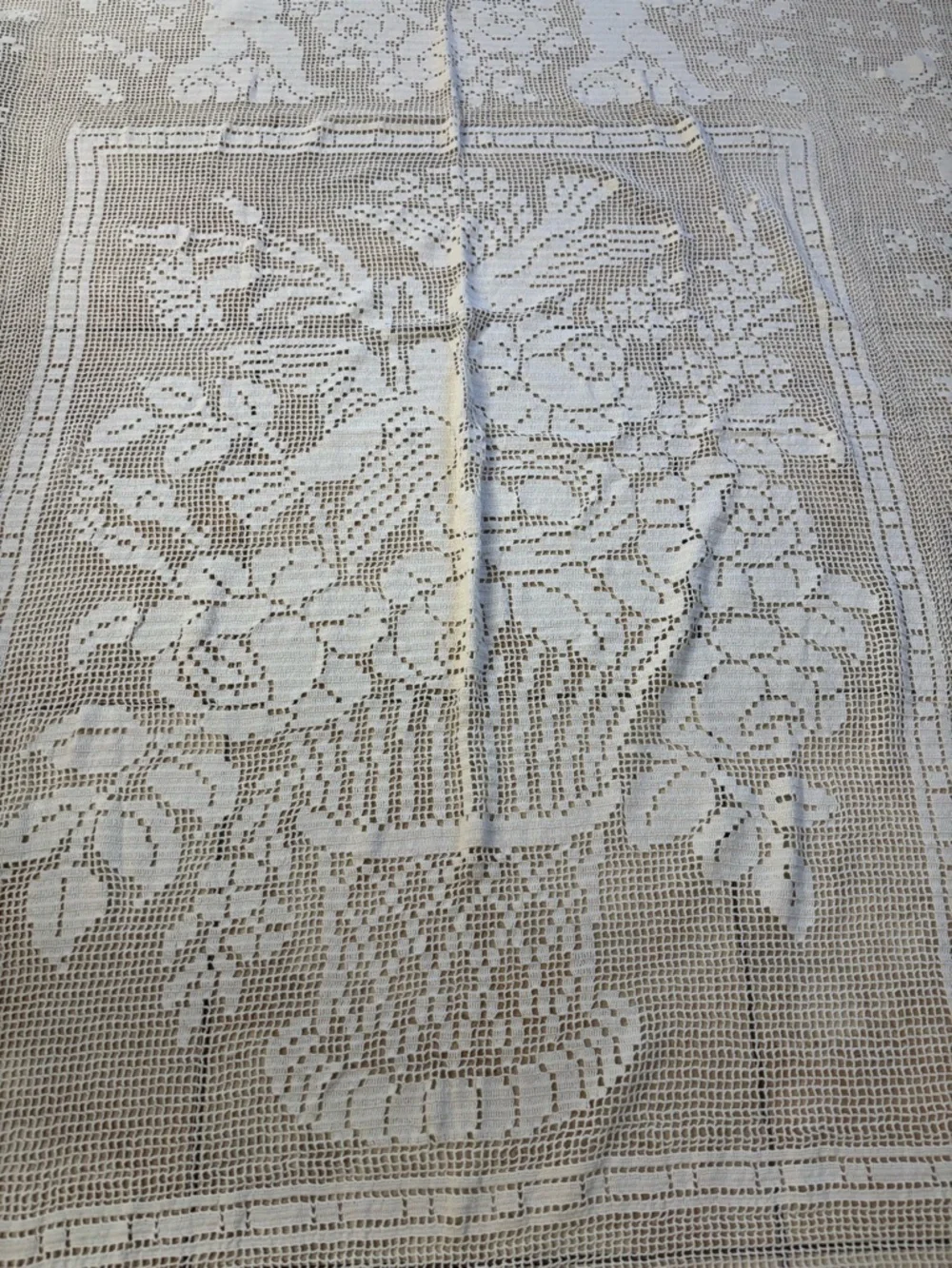 Large Vintage Crochet Lace Table Runner tablecloth with Floral and birds design